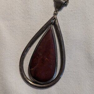 Vintage Sterling Silver Teardrop Pendant Necklace - Modernist Red Jasper Stone